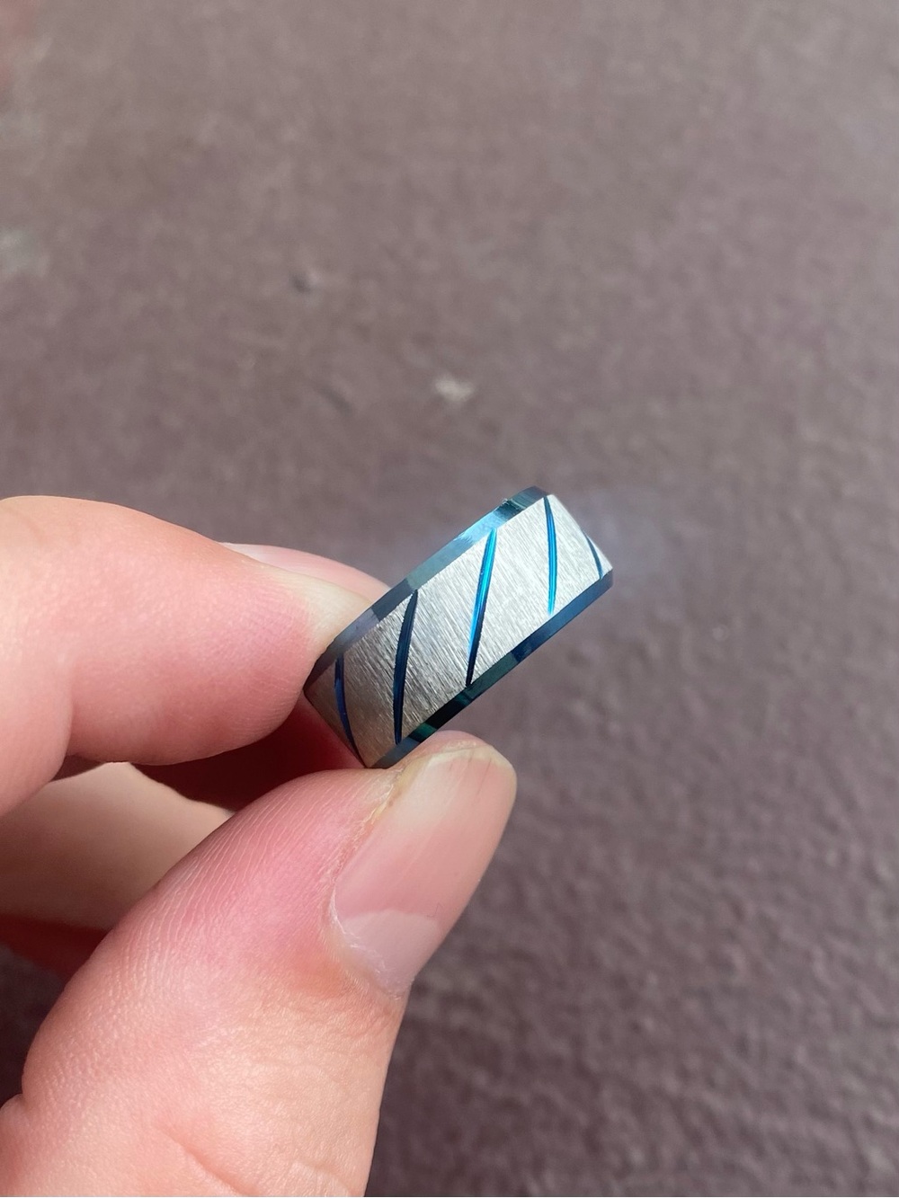 Stainless Steel Blue Brushed Finish Diag. Groove Polished Blue Inlay Ring Sz 5.5